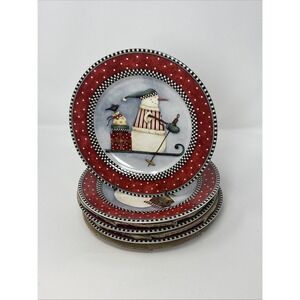 Debbie Mumm Frosty Folks Ceramic Stoneware Salad Dessert Plates Vintage Set (4)